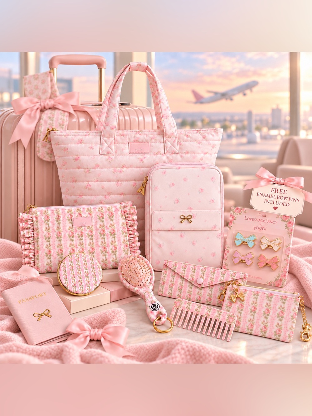 LoveShackFancy Pink 7pc Weekend Travel Set Tote Beauty Tech + FREE Pins